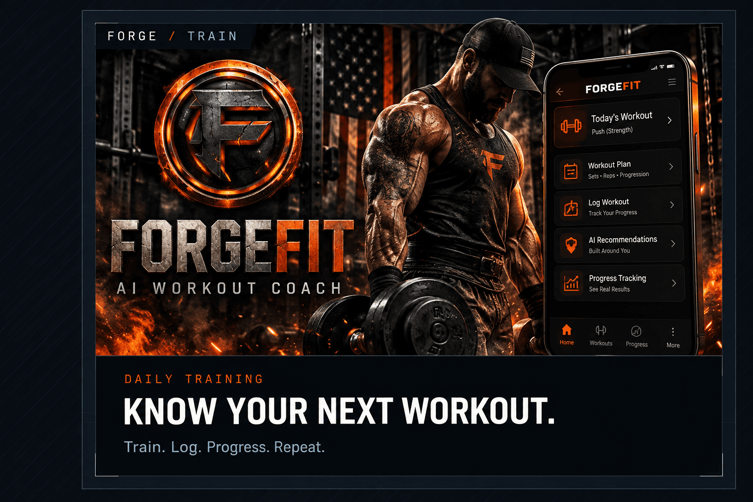 Promotional illustration for ForgeFit, an AI workout coach, with a training scene and a phone showing workout tools.